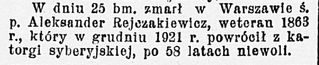 Zdjęcie powstańca styczniowego Aleksander Rejczakiewicz
